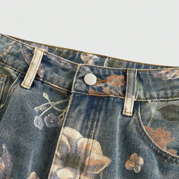 Blue Casual Women's Floral Printed Washed Loose Wide Leg Jeans - Picture 3 of 5